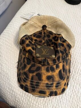 Upcycled Leopard Print Cap with LV Plaque